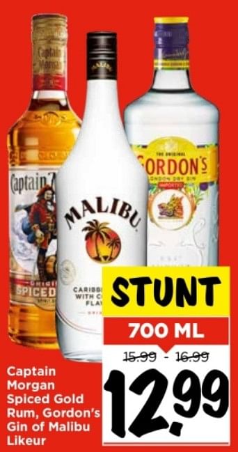 Aanbiedingen Captain morgan spiced gold rum, gordon`s gin of malibu likeur - Huismerk Vomar - Geldig van 10/09/2023 tot 16/09/2023 bij Vomar