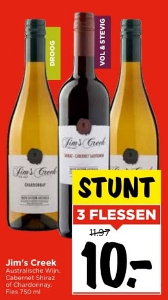 Aanbiedingen Jim`s creek australtsche wijn cabernet shiraz of chardonnay - Rode wijnen - Geldig van 10/09/2023 tot 16/09/2023 bij Vomar