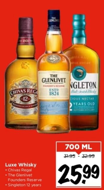 Aanbiedingen Luxe whisky chivas regal the glenlivet founders reserve singleton 12 years - Huismerk Vomar - Geldig van 10/09/2023 tot 16/09/2023 bij Vomar