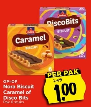 Aanbiedingen Nora biscuit caramel of disco bits - Nora - Geldig van 10/09/2023 tot 16/09/2023 bij Vomar