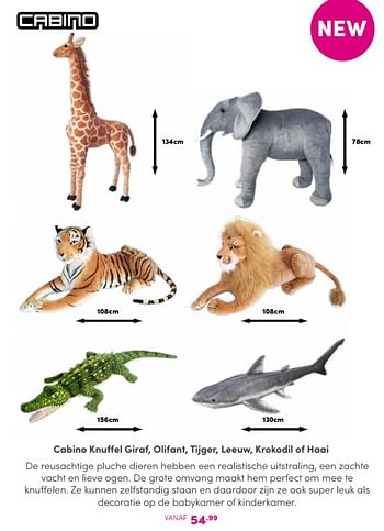 Aanbiedingen Cabino knuffel giraf, olifant, tijger, leeuw, krokodil of haai - Cabino - Geldig van 10/09/2023 tot 16/09/2023 bij Baby & Tiener Megastore