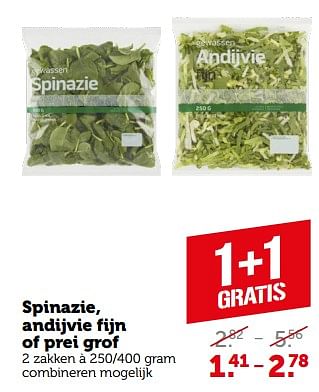 Aanbiedingen Spinazie, andijvie fijn of prei grof - Huismerk - Coop - Geldig van 11/09/2023 tot 17/09/2023 bij Coop