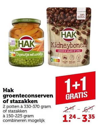 Aanbiedingen Hak groenteconserven of stazakken - Hak - Geldig van 11/09/2023 tot 17/09/2023 bij Coop