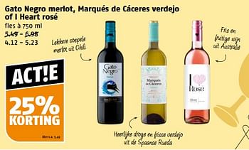 Aanbiedingen Gato negro merlot, marqués de cáceres verdejo of i heart rosé - Rode wijnen - Geldig van 11/09/2023 tot 17/09/2023 bij Poiesz