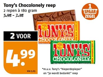 Aanbiedingen Tony’s chocolonely reep - Tony's Chocolonely - Geldig van 11/09/2023 tot 17/09/2023 bij Poiesz
