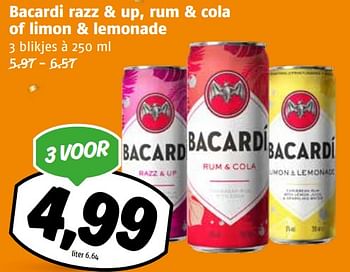 Aanbiedingen Bacardi razz + up, rum + cola of limon + lemonade - Bacardi - Geldig van 11/09/2023 tot 17/09/2023 bij Poiesz