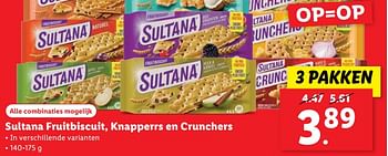 Aanbiedingen Sultana fruitbiscuit, knapperrs en crunchers - Sultana - Geldig van 11/09/2023 tot 17/09/2023 bij Lidl