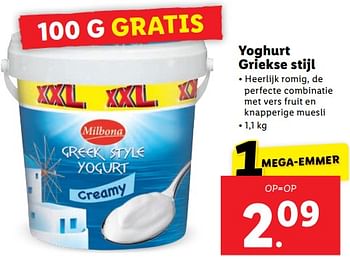 Aanbiedingen Yoghurt griekse stijl - Milbona - Geldig van 11/09/2023 tot 17/09/2023 bij Lidl
