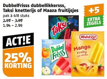 Aanbiedingen Dubbelfrisss dubbellikkersss, taksi knetterijs of maaza fruitijsjes - Huismerk Poiesz - Geldig van 11/09/2023 tot 17/09/2023 bij Poiesz