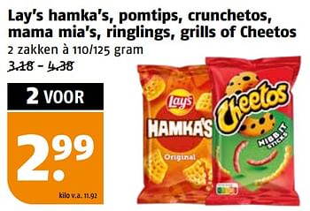 Aanbiedingen Lay’s hamka’s, pomtips, crunchetos, mama mia’s, ringlings, grills of cheetos - Huismerk Poiesz - Geldig van 11/09/2023 tot 17/09/2023 bij Poiesz