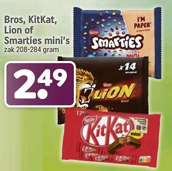 Aanbiedingen Bros, kitkat, lion of smarties mini’s - Nestlé - Geldig van 04/09/2023 tot 17/09/2023 bij Dagwinkel