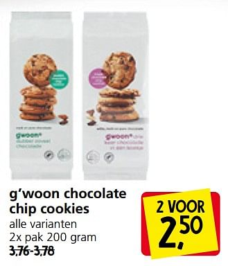 Aanbiedingen G’woon chocolate chip cookies - G'woon - Geldig van 11/09/2023 tot 17/09/2023 bij Jan Linders