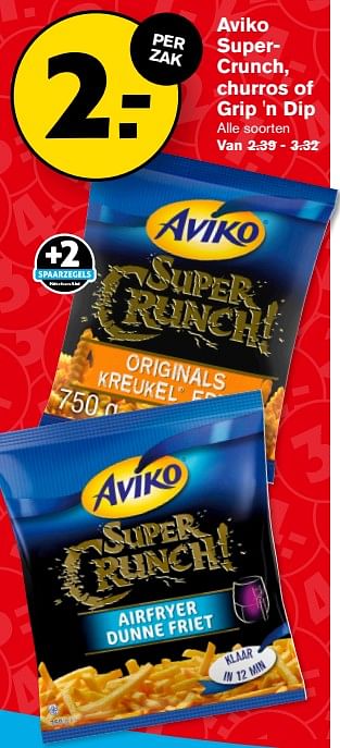 Aanbiedingen Aviko supercrunch, churros of grip `n dip - Aviko - Geldig van 13/09/2023 tot 19/09/2023 bij Hoogvliet