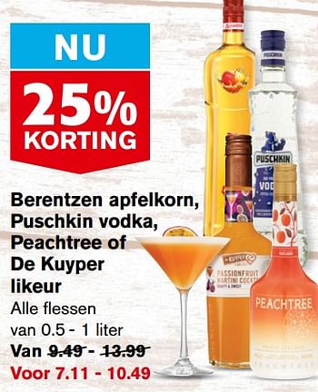 Aanbiedingen Berentzen apfelkorn, puschkin vodka, peachtree of de kuyper likeur - Huismerk - Hoogvliet - Geldig van 13/09/2023 tot 19/09/2023 bij Hoogvliet