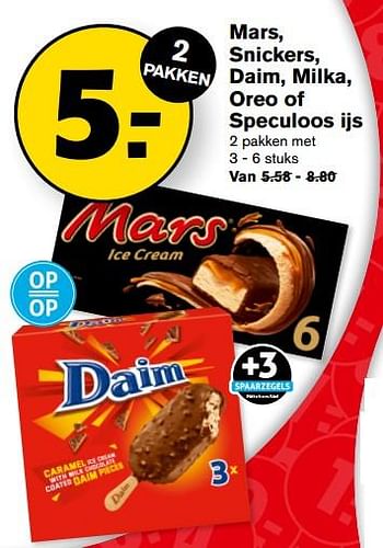 Aanbiedingen Mars, snickers, daim, milka, oreo of speculoos ijs - Huismerk - Hoogvliet - Geldig van 13/09/2023 tot 19/09/2023 bij Hoogvliet