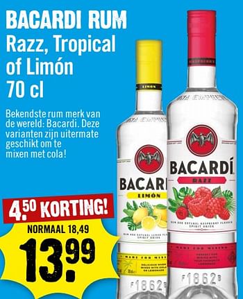 Aanbiedingen Bacardi rum razz, tropical of limón - Bacardi - Geldig van 13/09/2023 tot 19/09/2023 bij Dirk III