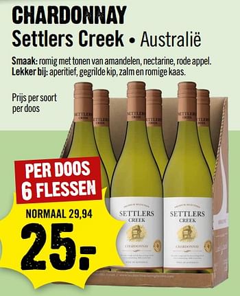 Aanbiedingen Chardonnay settlers creek australië - Witte wijnen - Geldig van 13/09/2023 tot 19/09/2023 bij Dirk III