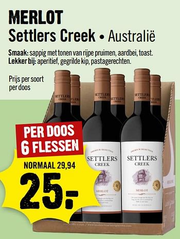 Aanbiedingen Merlot settlers creek australië - Rode wijnen - Geldig van 13/09/2023 tot 19/09/2023 bij Dirk III