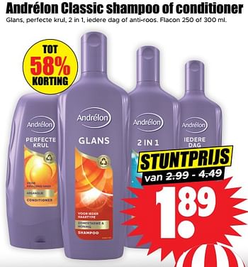 Aanbiedingen Andrélon classic shampoo of conditioner - Andrelon - Geldig van 13/09/2023 tot 20/09/2023 bij Lekker Doen
