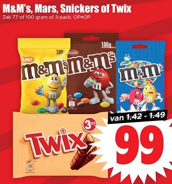 Aanbiedingen M+m’s, mars, snickers of twix - Huismerk - Dirk - Geldig van 13/09/2023 tot 20/09/2023 bij Lekker Doen