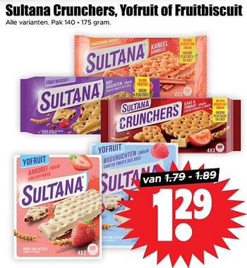Aanbiedingen Sultana crunchers, yofruit of fruitbiscuit - Sultana - Geldig van 13/09/2023 tot 20/09/2023 bij Lekker Doen