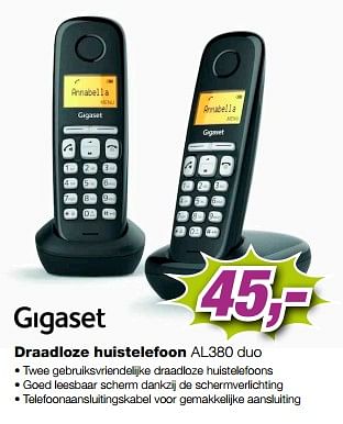 Aanbiedingen Gigaset draadloze huistelefoon al380 duo - Gigaset - Geldig van 09/09/2023 tot 24/09/2023 bij ElectronicPartner