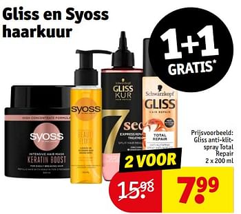 Aanbiedingen Gliss anti-klitspray total repair - Schwartzkopf - Geldig van 12/09/2023 tot 24/09/2023 bij Kruidvat