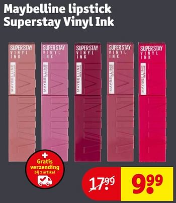 Aanbiedingen Maybelline lipstick superstay vinyl ink - Maybelline - Geldig van 12/09/2023 tot 24/09/2023 bij Kruidvat
