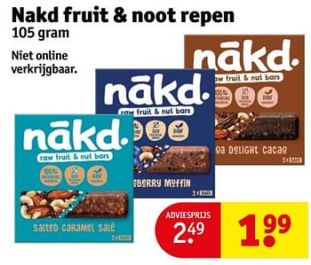 Aanbiedingen Nakd fruit + noot repen - Naked - Geldig van 12/09/2023 tot 24/09/2023 bij Kruidvat