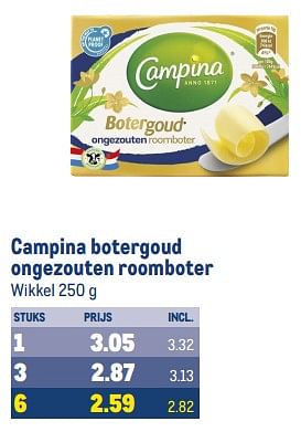 Aanbiedingen Campina botergoud ongezouten roomboter - Campina - Geldig van 13/09/2023 tot 26/09/2023 bij Makro